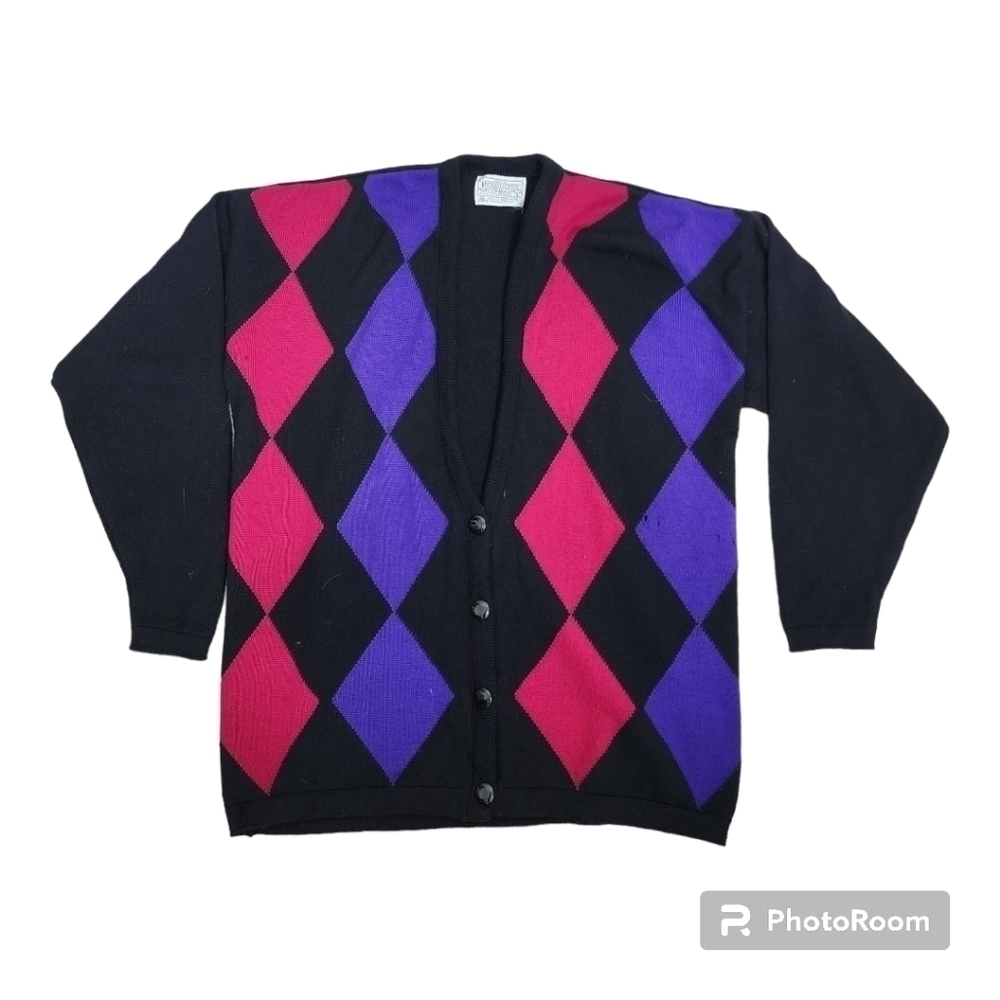 Vintage Miss Pendleton Argle Wool Black Cardigan Size L
